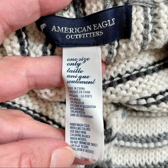 American Eagle Gray and Cream Striped Scarf with Pom Poms - Picture 6 of 6